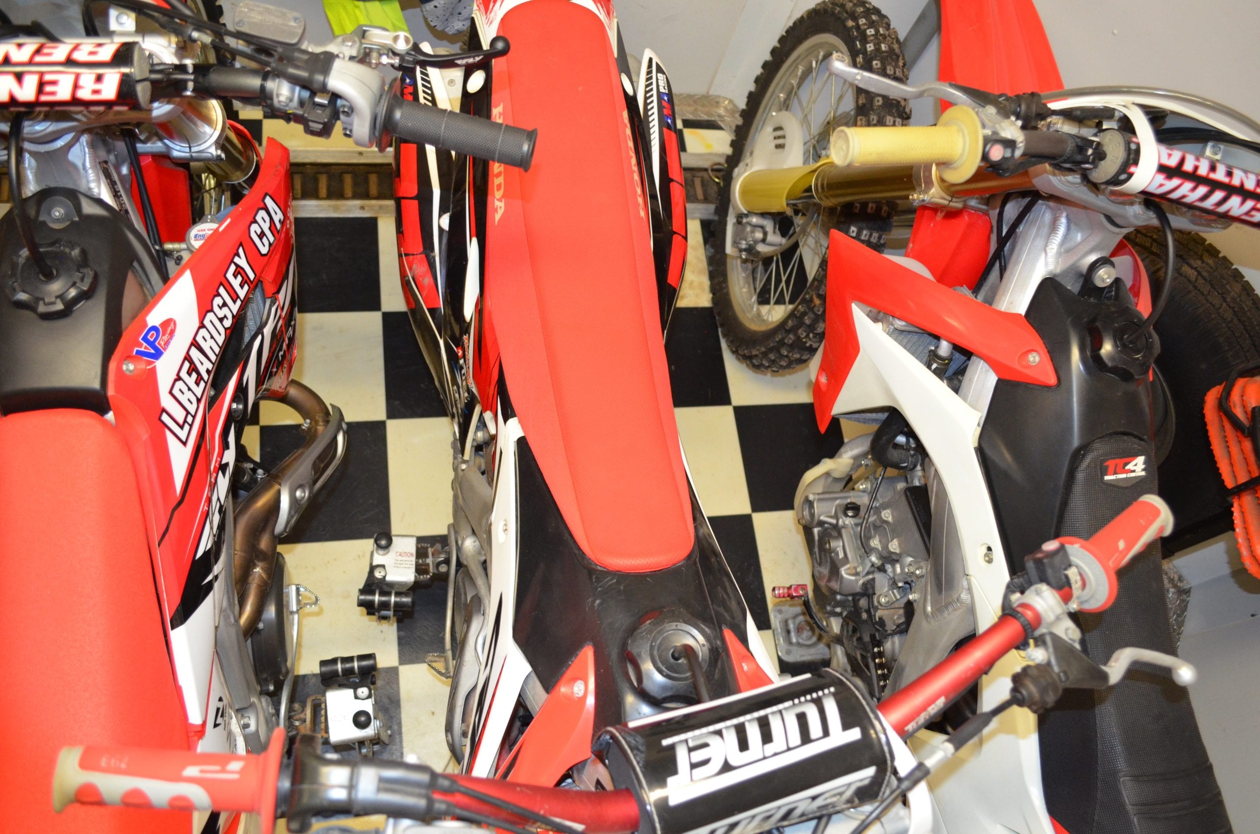 Overhead view of three bikes in small space